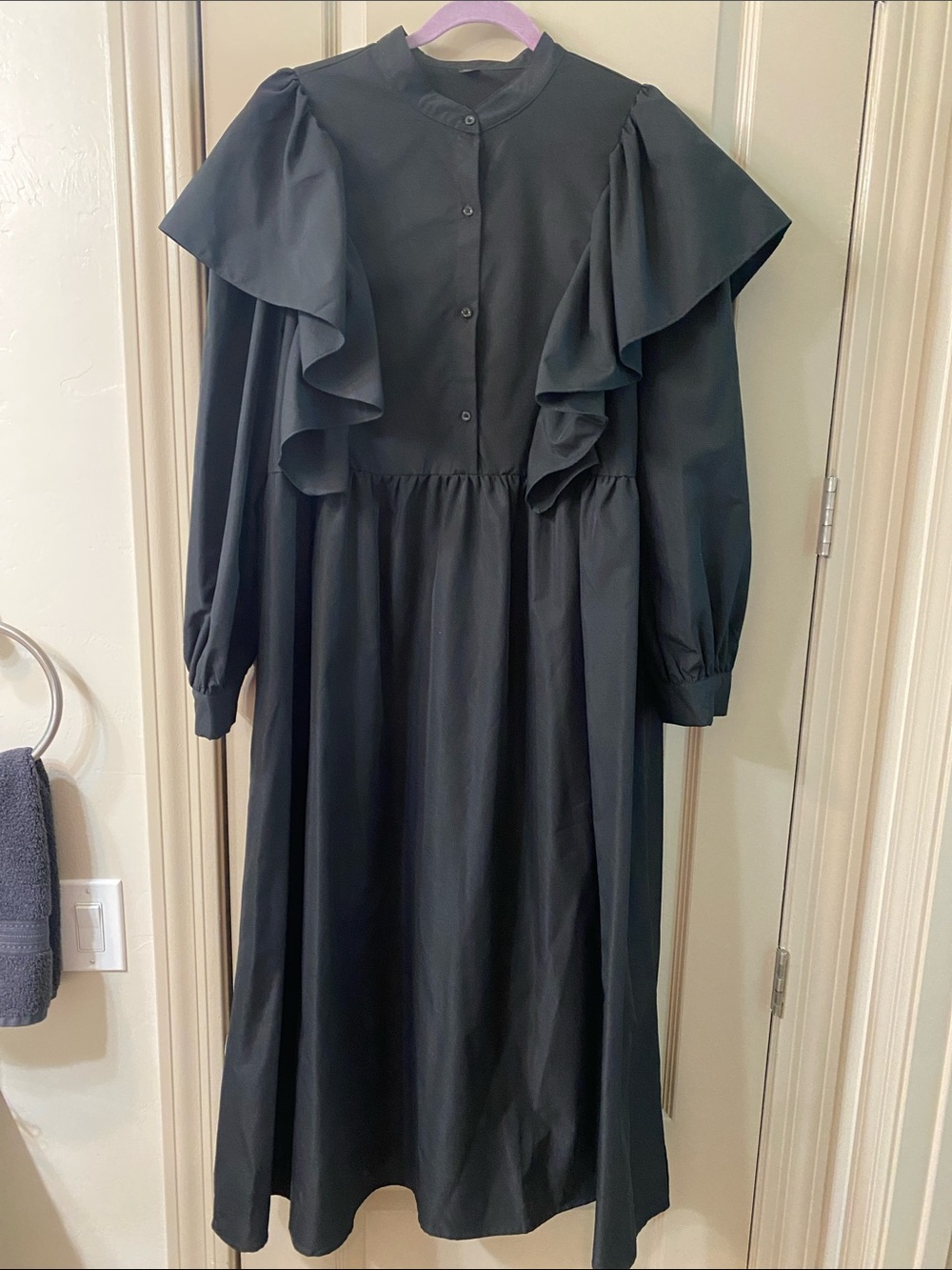 Black Ruffle-Detail Long Sleeve Women’s Dress